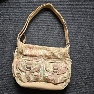 Y2K Fossil Paisley Tapestry Crossbody Bag Boho Fairy Double Pocket Slouchy Tan